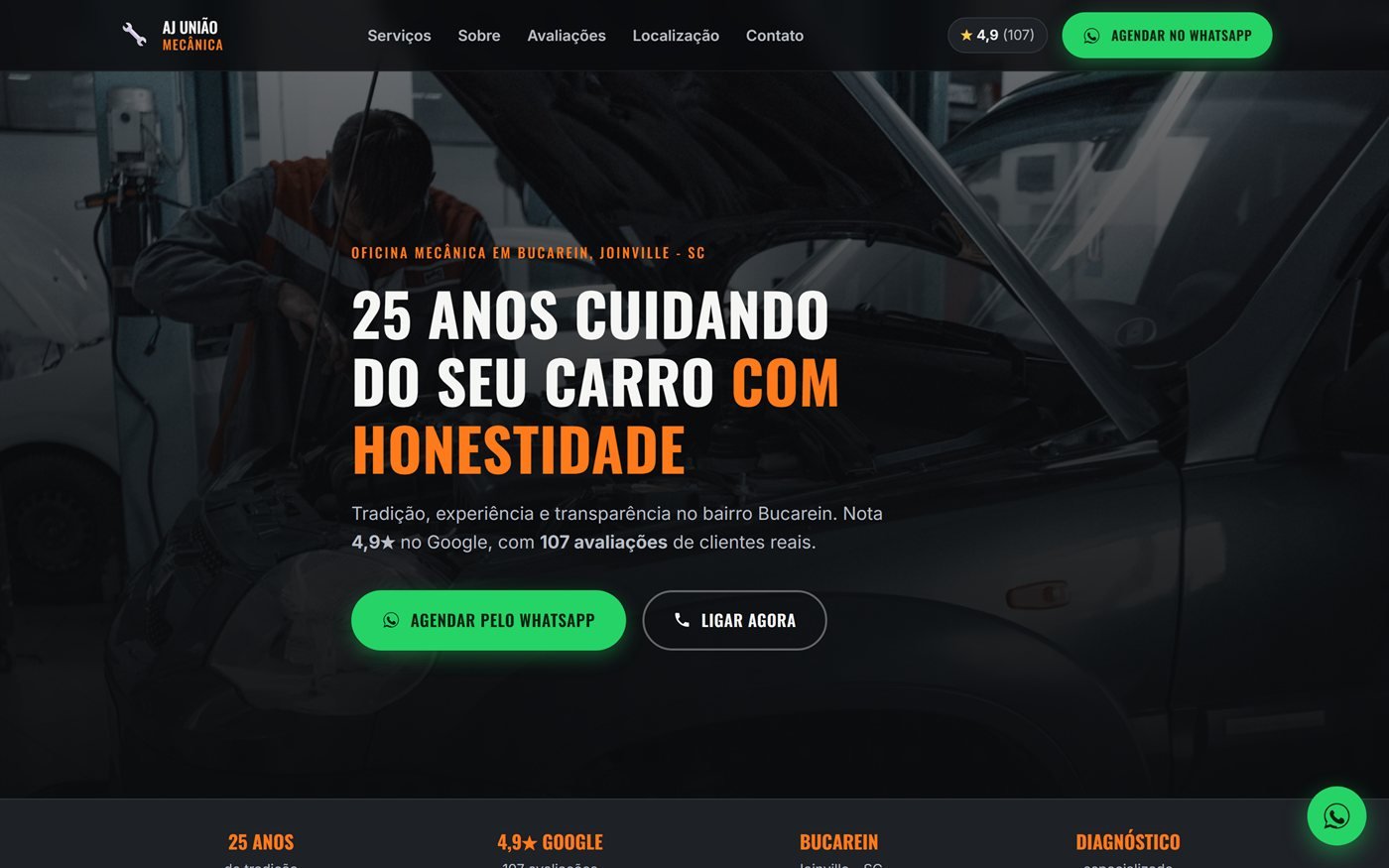 Site da oficina AJ União Mecânica, com agendamento pelo WhatsApp e avaliações do Google